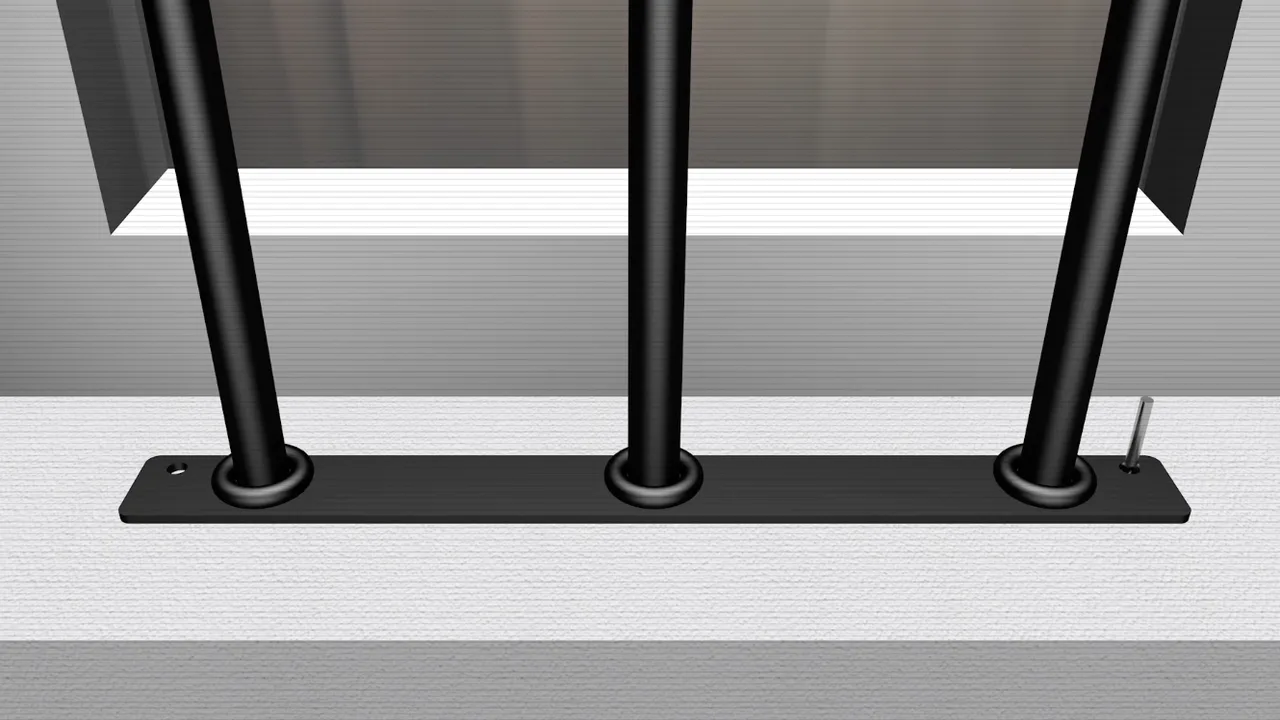 Bottom anchor base plates positioned with three vertical bars passing through