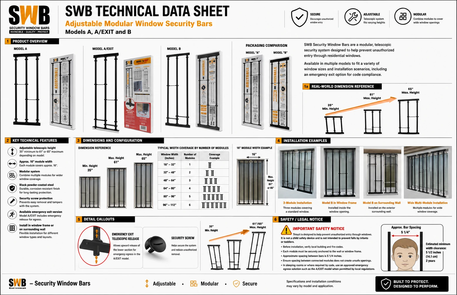 SWB Technical Data Sheet — Adjustable Modular Window Security Bars Models A, A/EXIT and B