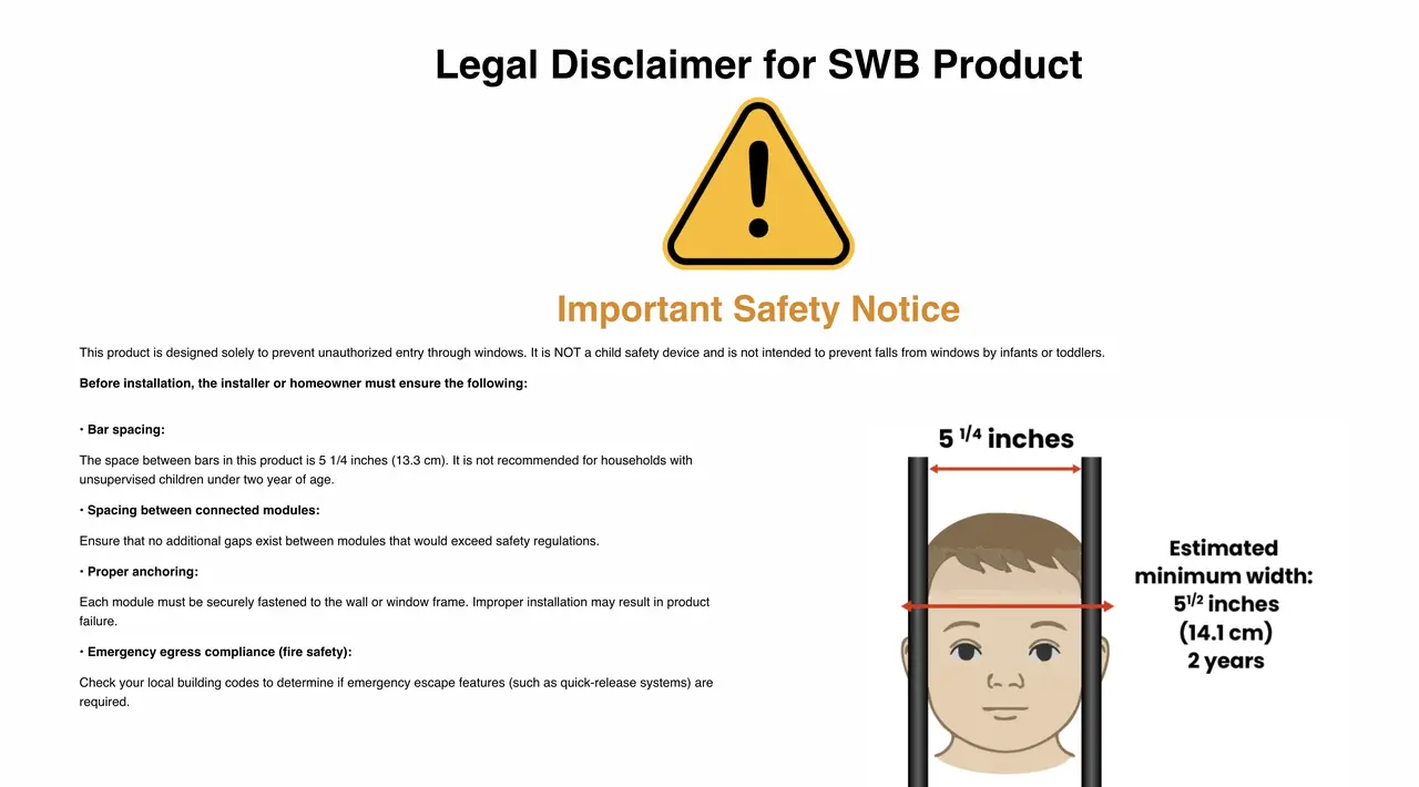 SWB safety notice — bar spacing 5.25 inches, not a child safety device