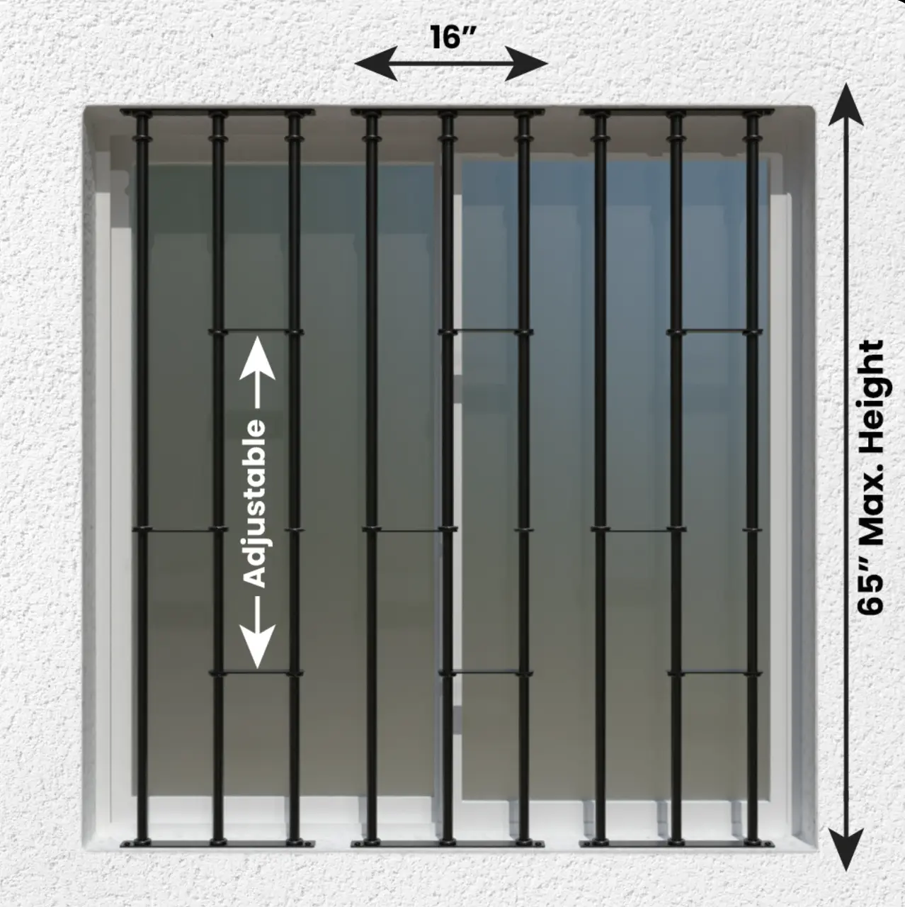 Model A installed in window showing 16 inch width and 65 inch maximum height